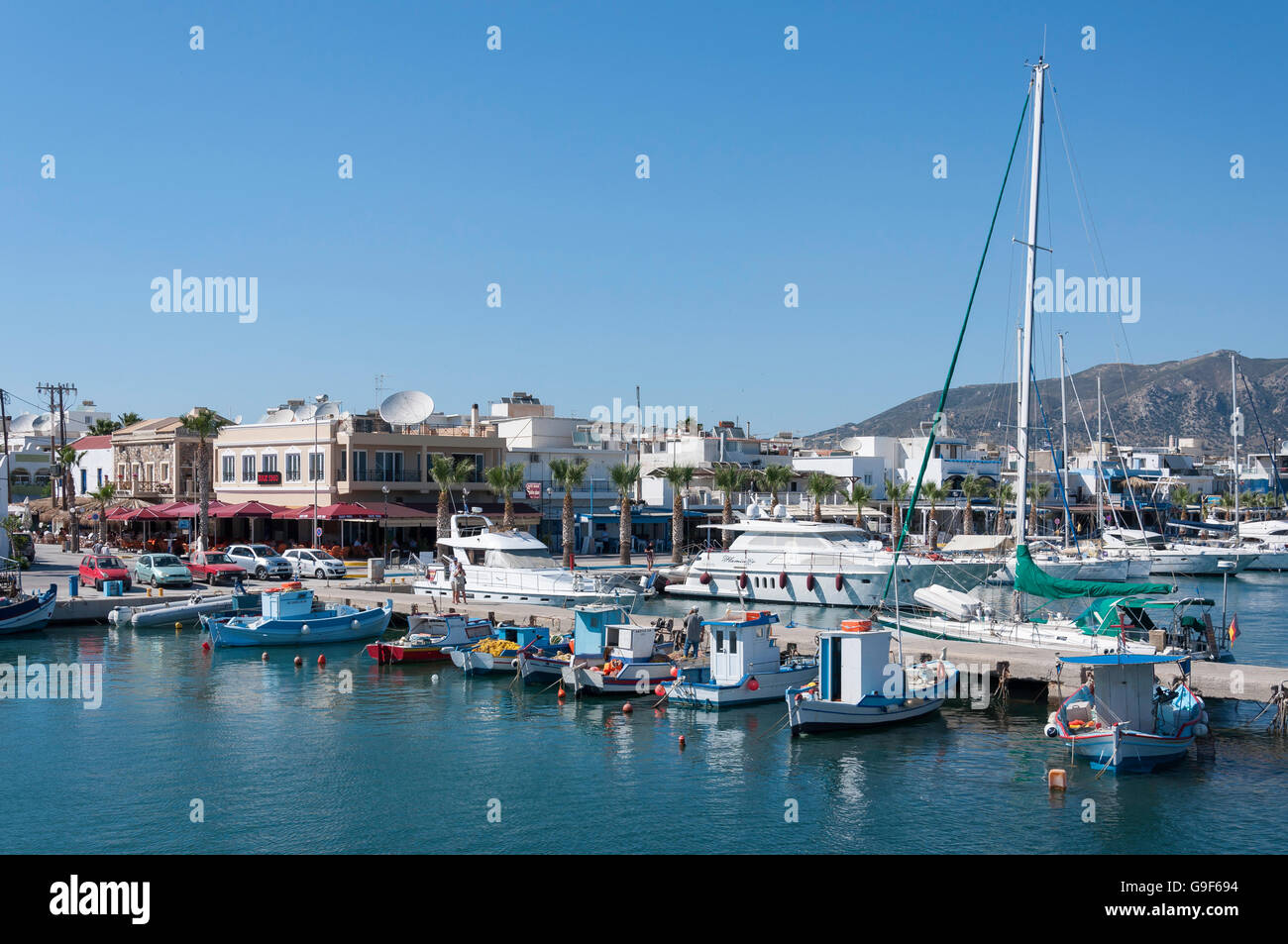 Traditional fishing boats in harbour, Kardamena, Kos (Cos), The Dodecanese, South Aegean Region, Greece Stock Photo