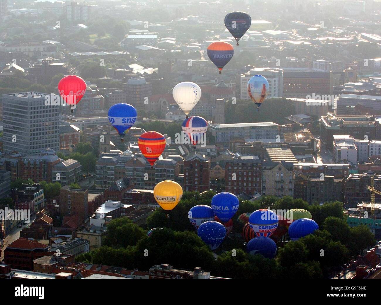 Hot air balloons over Bristol during the first flight at the start of