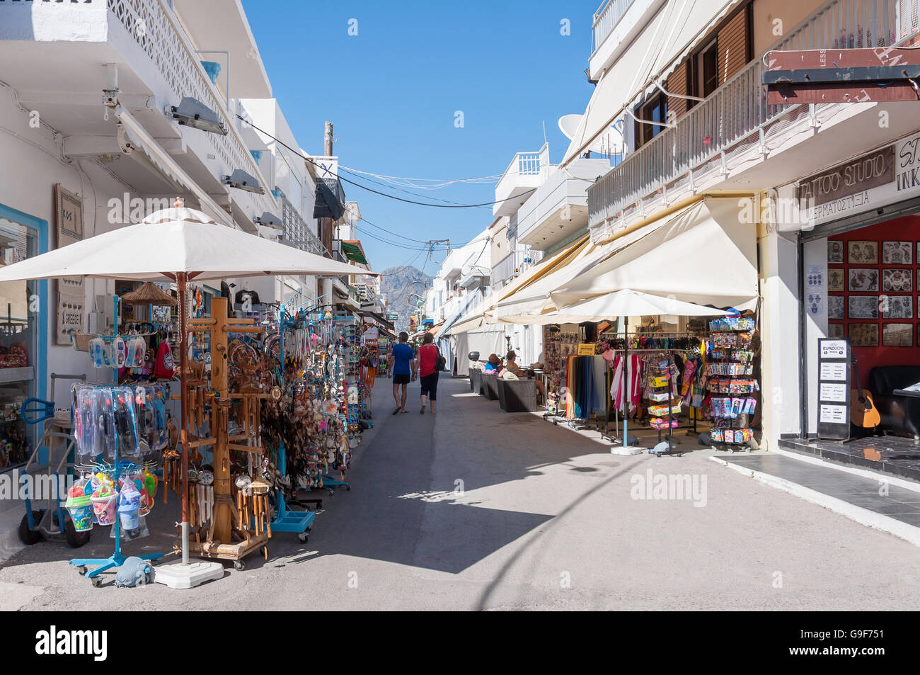 Street with tourist shops,  Kardamena, Kos (Cos), The Dodecanese, South Aegean Region, Greece Stock Photo