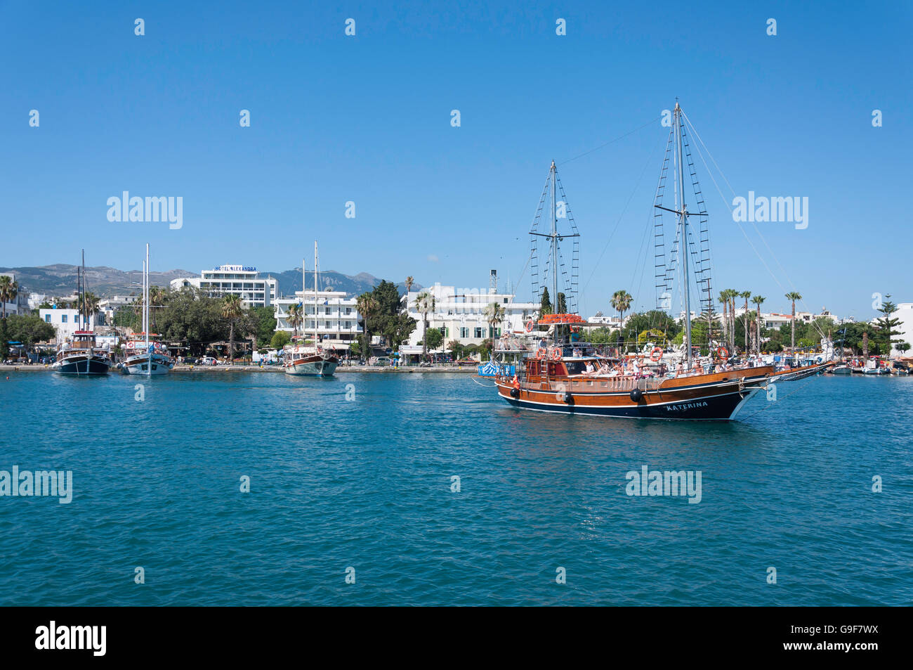Excursion cruise ship in harbour, Kos Town, Kos (Cos), The Dodecanese, South Aegean Region, Greece Stock Photo