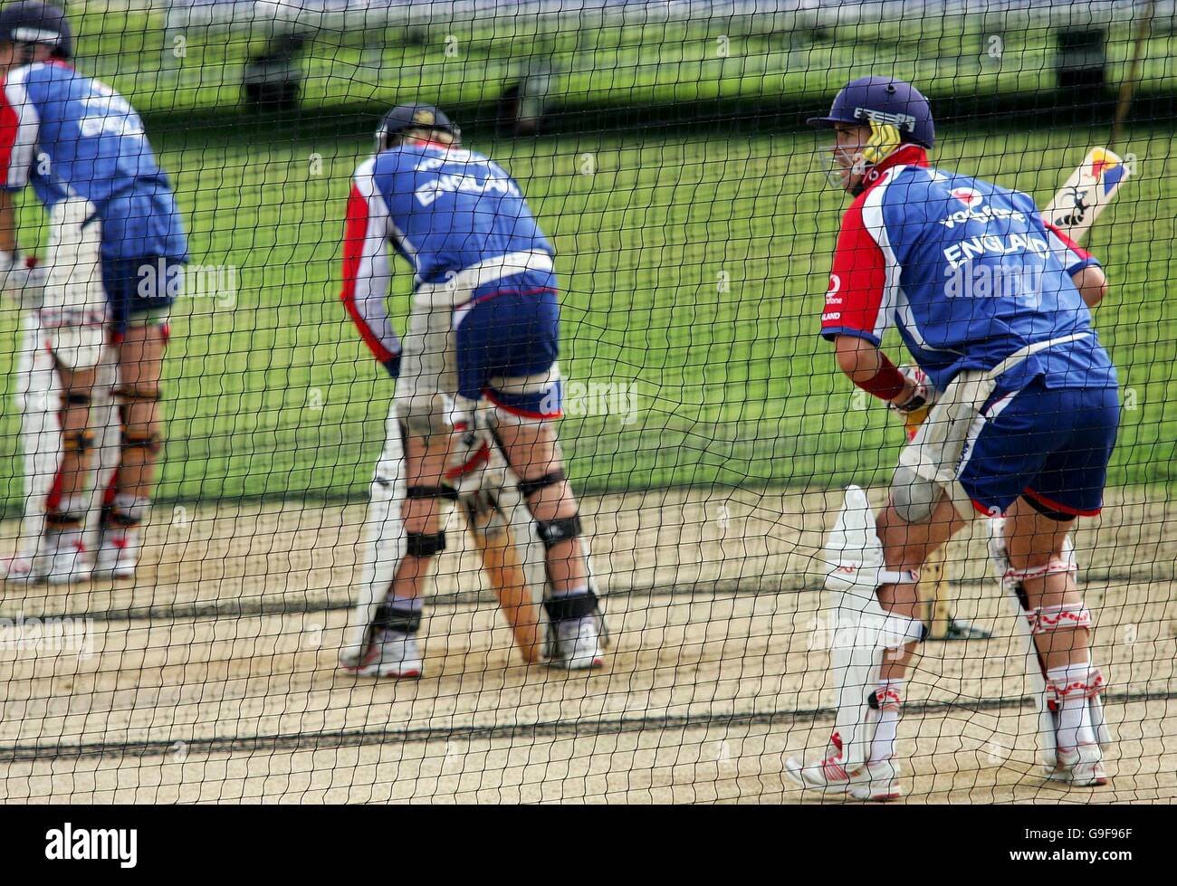 England batsman Kevin Pietersen (right) during the nets session at The Brit Oval, Kennington, London. Stock Photo