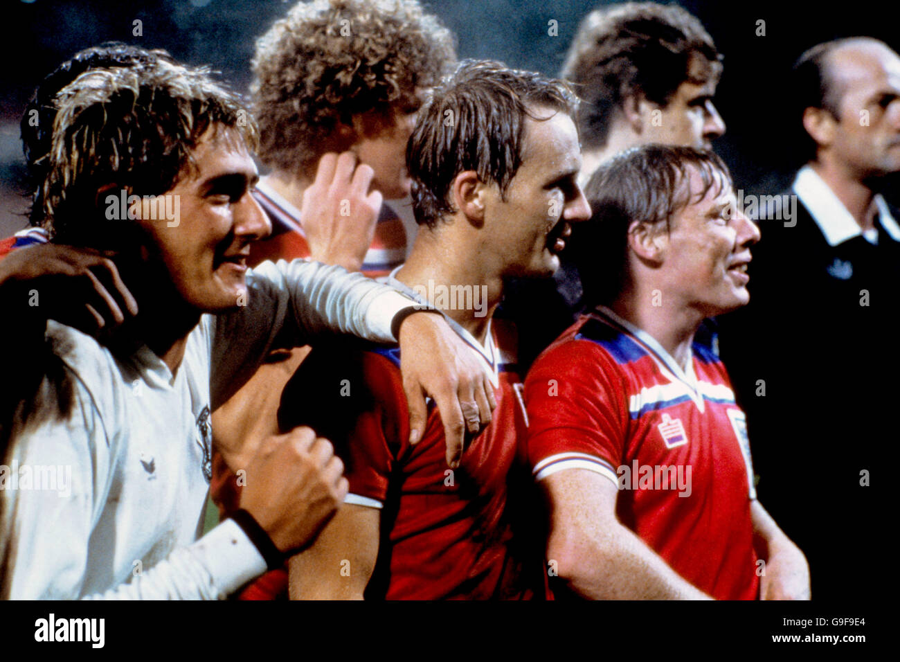 (L-R) England's Gary Owen, Tommy Caton, Paul Goddard and Sammy Lee celebrate winning the European Under-21 Championship Stock Photo