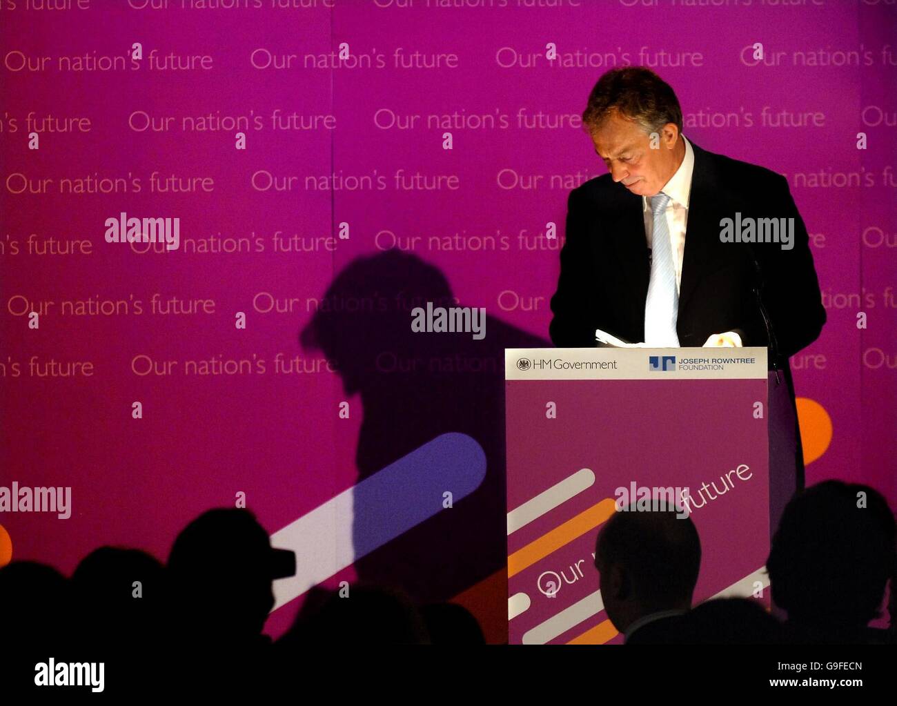 Britain's Prime Minister Tony Blair gives a keynote speech on social exclusion at the Folk Hall, New Earswick in York. Stock Photo