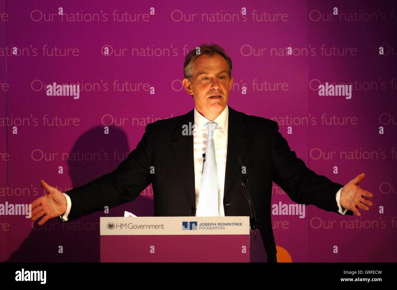 Britain's Prime Minister Tony Blair gives a keynote speech on social exclusion at the Folk Hall, New Earswick in York. Stock Photo