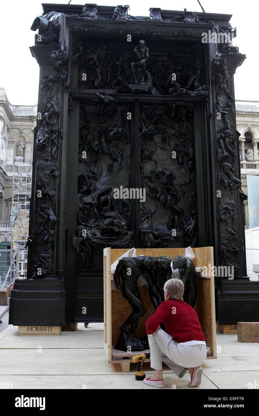 The installation of Rodin's 'The Gates of Hell' in the courtyard of the Royal Academy in central London today. Stock Photo