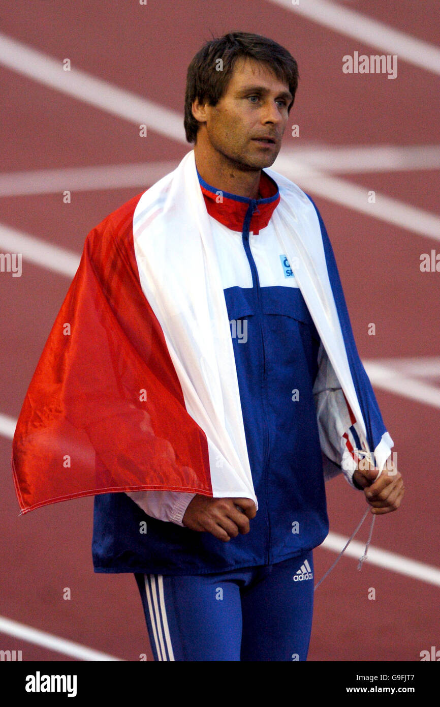 Czech republics jan zelezny celebrates finishing third in the javelin