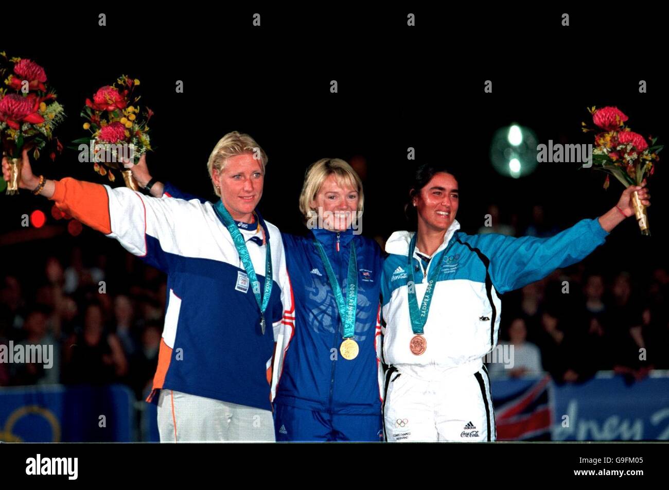 (L-R) The three medalists in the Women's Europe class Margriet Matthysse, Netherlands (silver) Shirley Robertson, Great Britain (gold) and Serena Amato, Argentina (bronze) Stock Photo