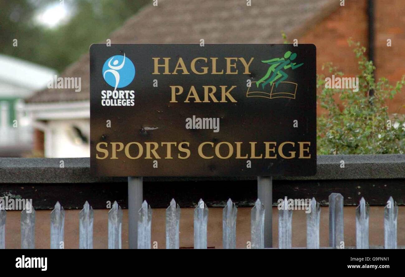 The sign at Hagley Park High School, Rugeley, Staffordshire, where a man was today shot by armed officers outside the school, police said. Stock Photo
