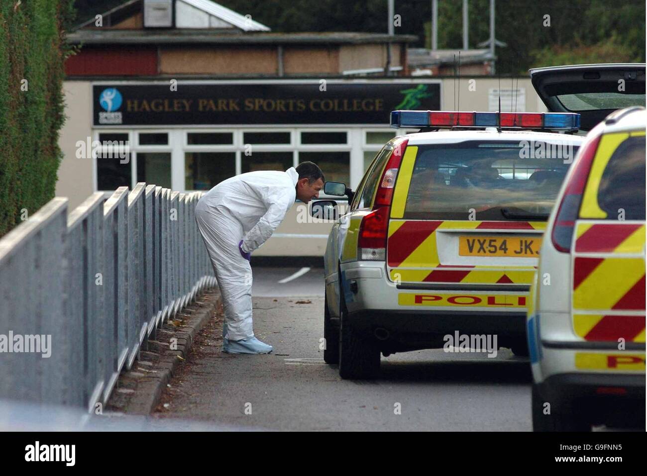 Police at Hagley Park High School, Rugeley, Staffordshire, where a man was today shot by armed officers outside the school, police said. Stock Photo