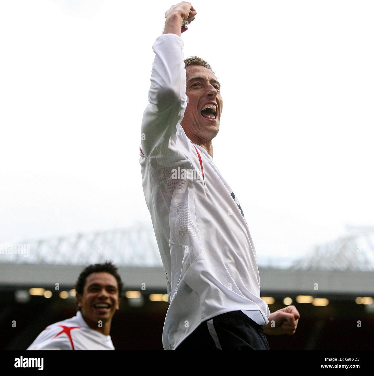 England's Peter Crouch celebrates his second goal during the European Championship qualifying match against Andorra at Old Trafford, Manchester. Stock Photo