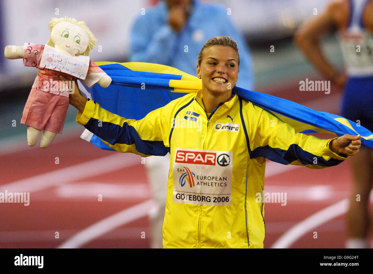 Sweden's Susanna Kallur celebrates winning the 100m hurdles Stock Photo