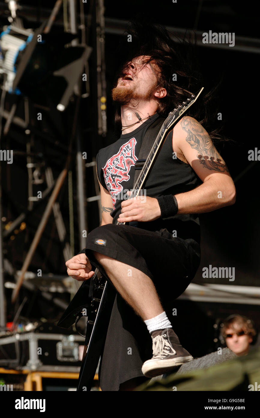 Michael Paget for Bullet for my Valentine performing on the Main Stage at the Carling Reading Festival, Reading. Stock Photo