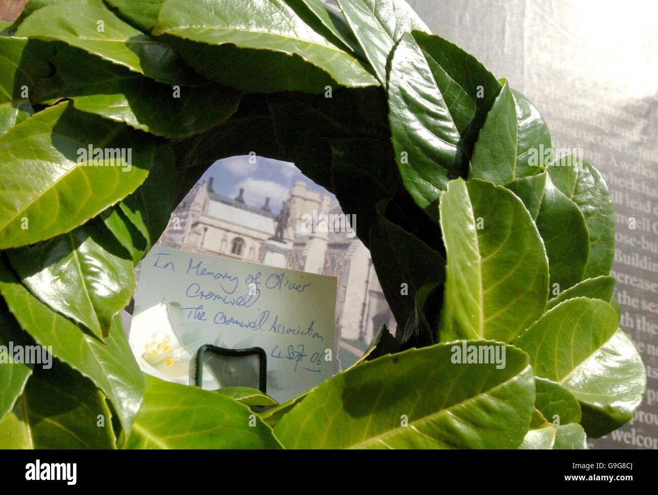 A memorial wreath from the Cromwell Association which is to be laid in the chapel at the Houses of Parliament in central London, to mark the anniversary of Oliver Cromwell's death. Stock Photo