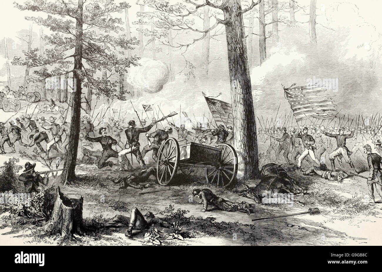 The Battle of Bentonville, NC - Major General Mower, commanding First Division, Seventeenth Corps, fleeing the Confederate Left, half a mile from Bentonville, March 20, 1865. USA Civil War Stock Photo