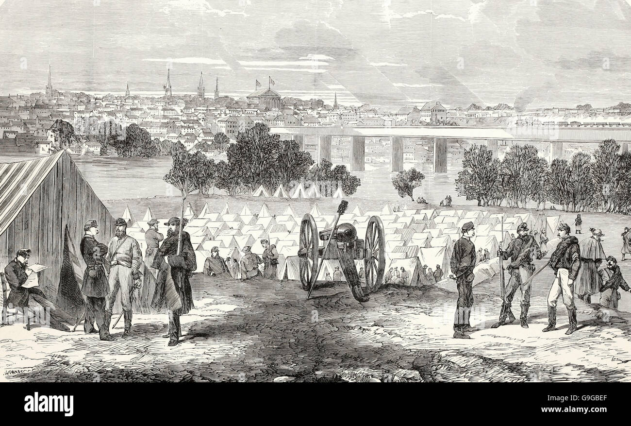 View of Richmond, Virginia, from the prison camp at Belle Isle, James River. USA Civil War Stock Photo