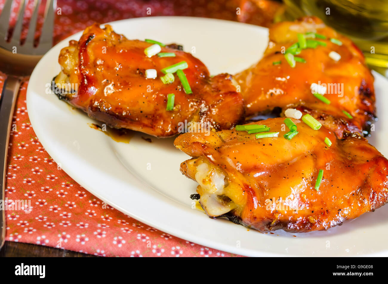 Honey soy chicken thighs on wooden table, food photography Stock Photo Alamy