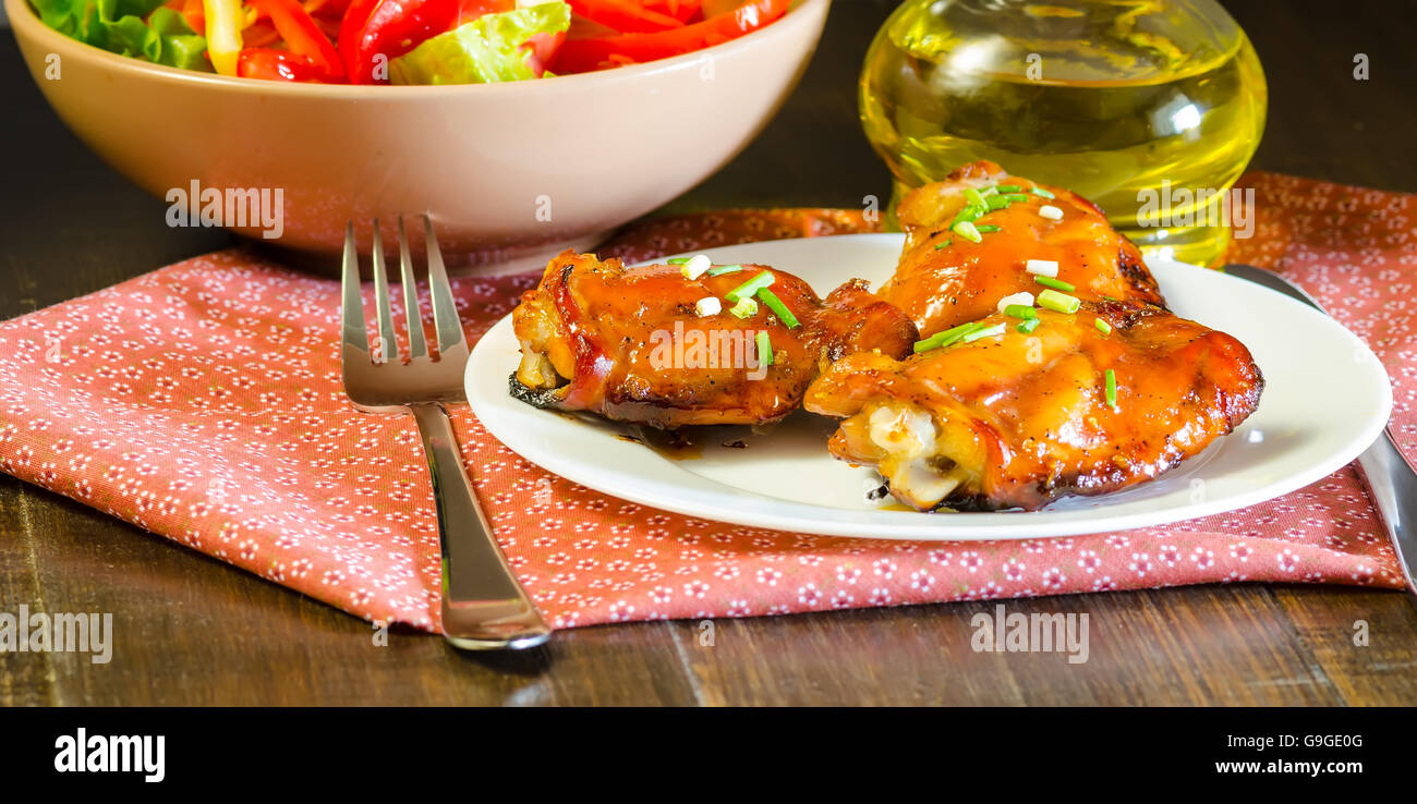 Honey soy chicken thighs on wooden table, food photography Stock Photo Alamy