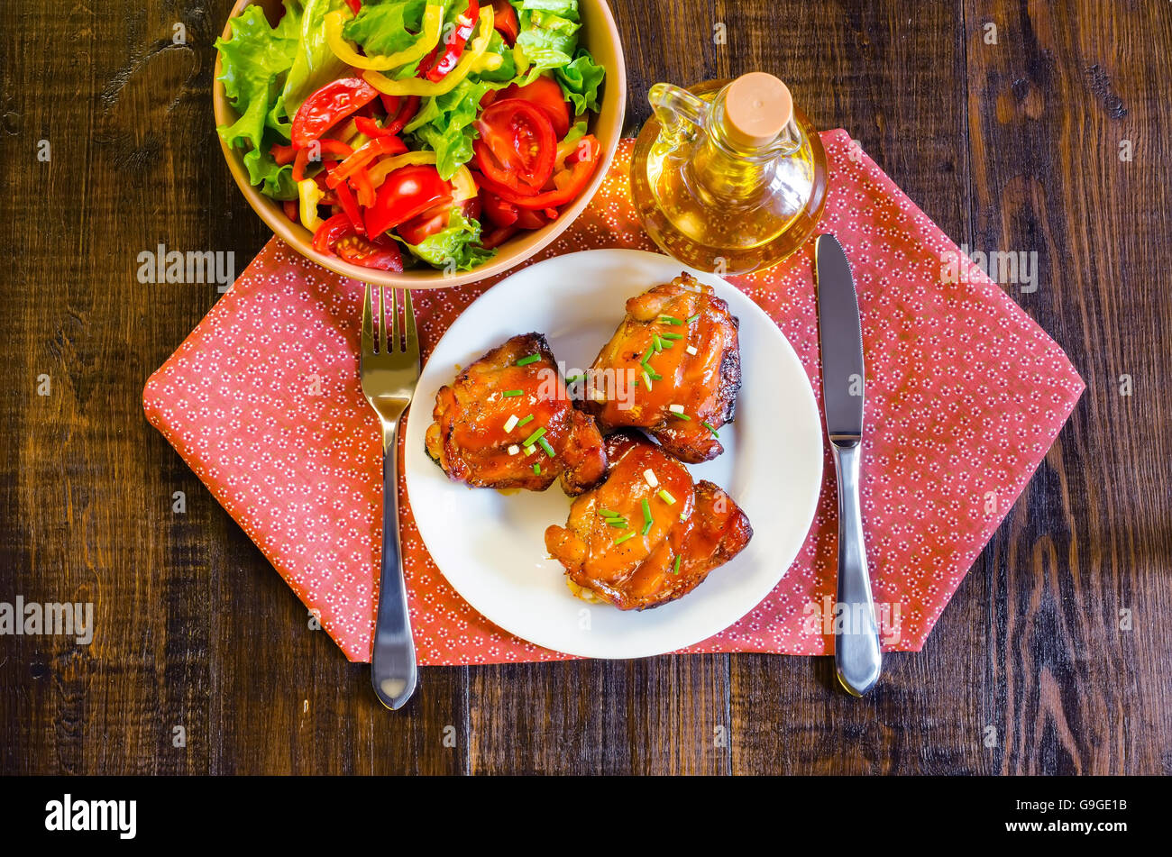 Honey soy chicken thighs on wooden table, food photography Stock Photo Alamy