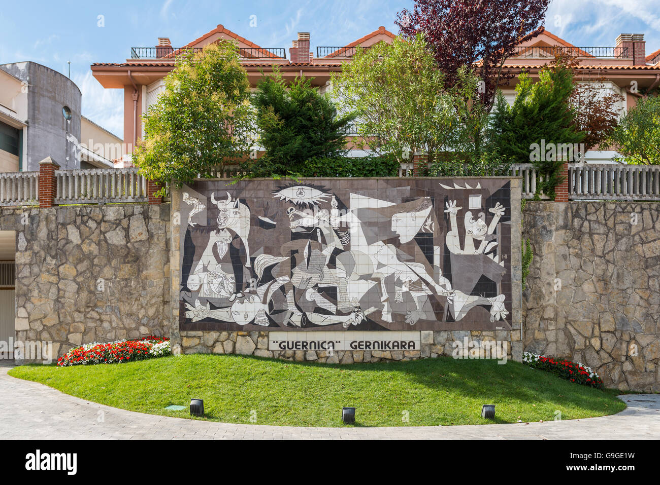 A tiled wall in Gernika reminds of the bombing during the Spanish Civil War. Stock Photo