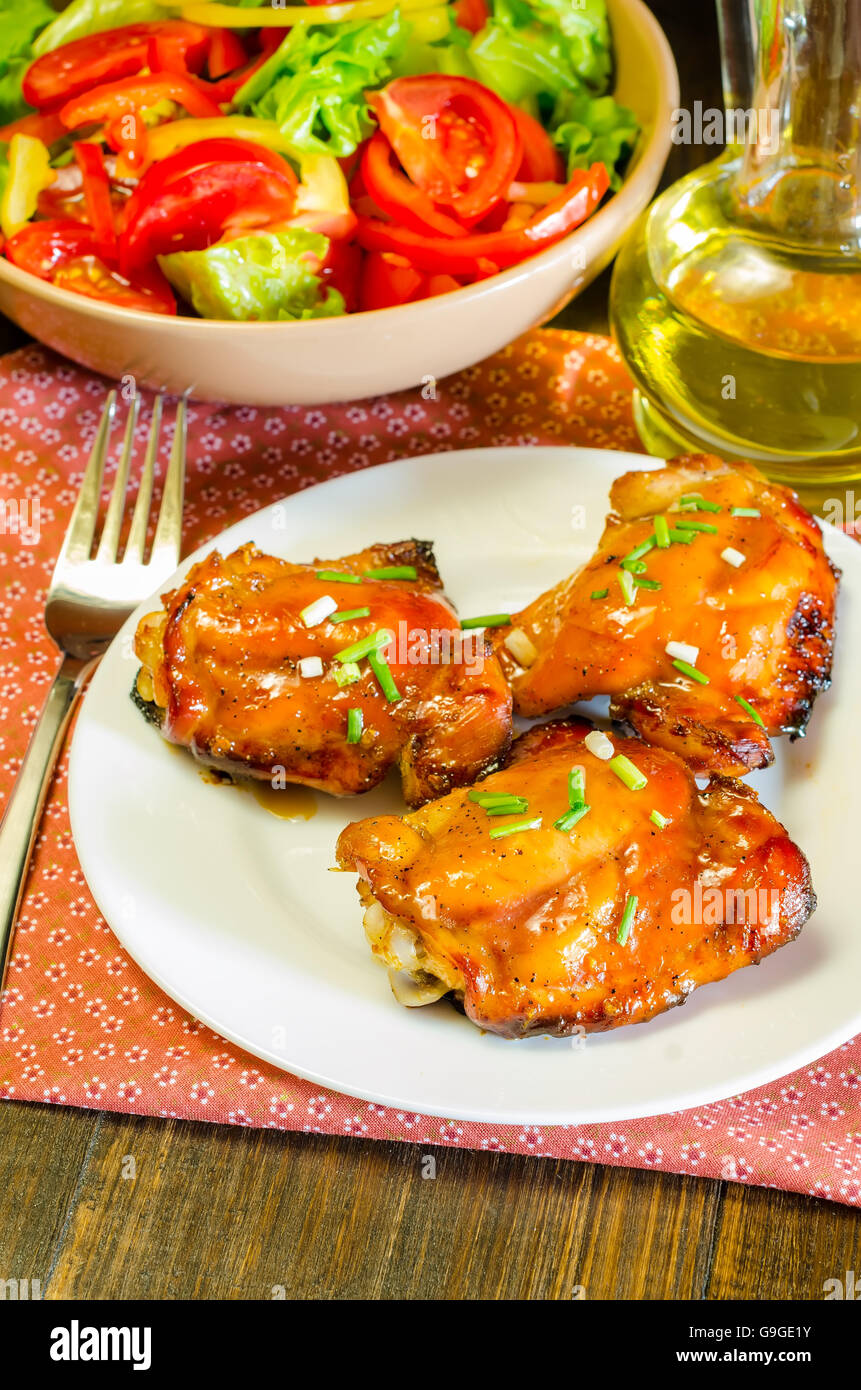 Honey soy chicken thighs on wooden table, food photography Stock Photo Alamy
