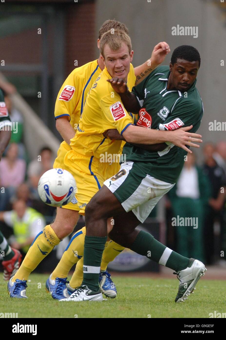 Sheffield Wednesday's Frank Simek, (left), battles with Plymouth Argyle's Sylvan Ebanks-Blake during the Coca-Cola Championship match at Home Park, Plymouth. Stock Photo