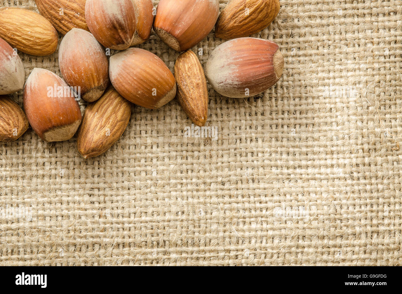Almonds and hazelnuts isolated on bagging Stock Photo