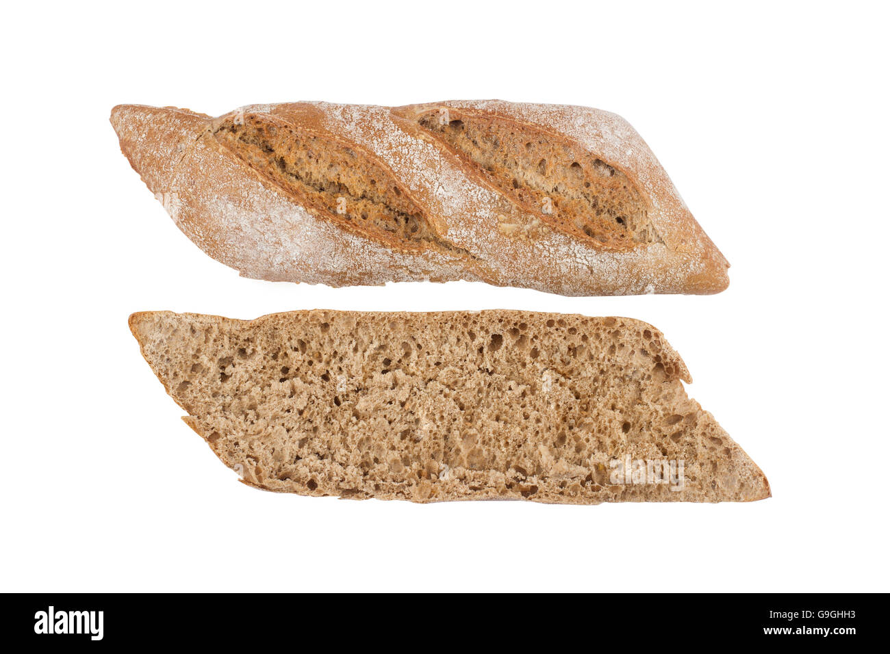 Black ciabatta bread cut in half and ready for sandwich isolated on white background Stock Photo