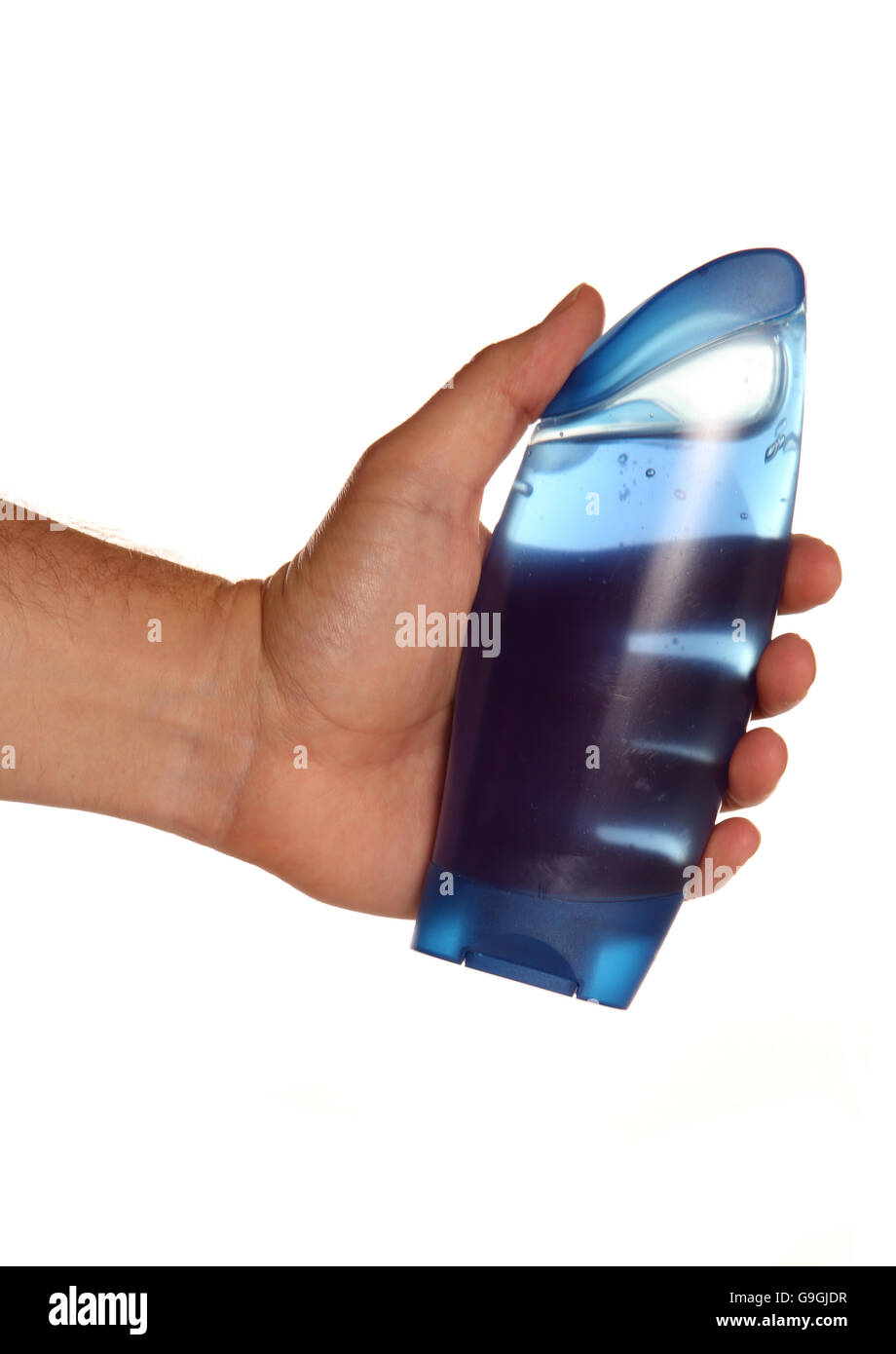 man holding blue shower gel cutout Stock Photo