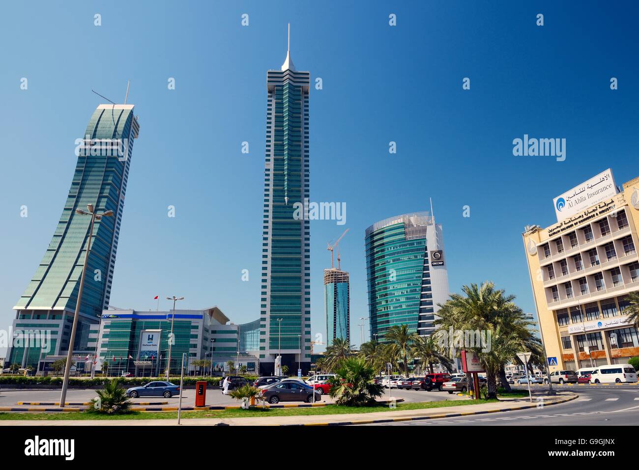 Bahrain Financial Harbour BFH development in Manama, the modern capital of Bahrain. Commercial East and West towers and GB Corp Stock Photo