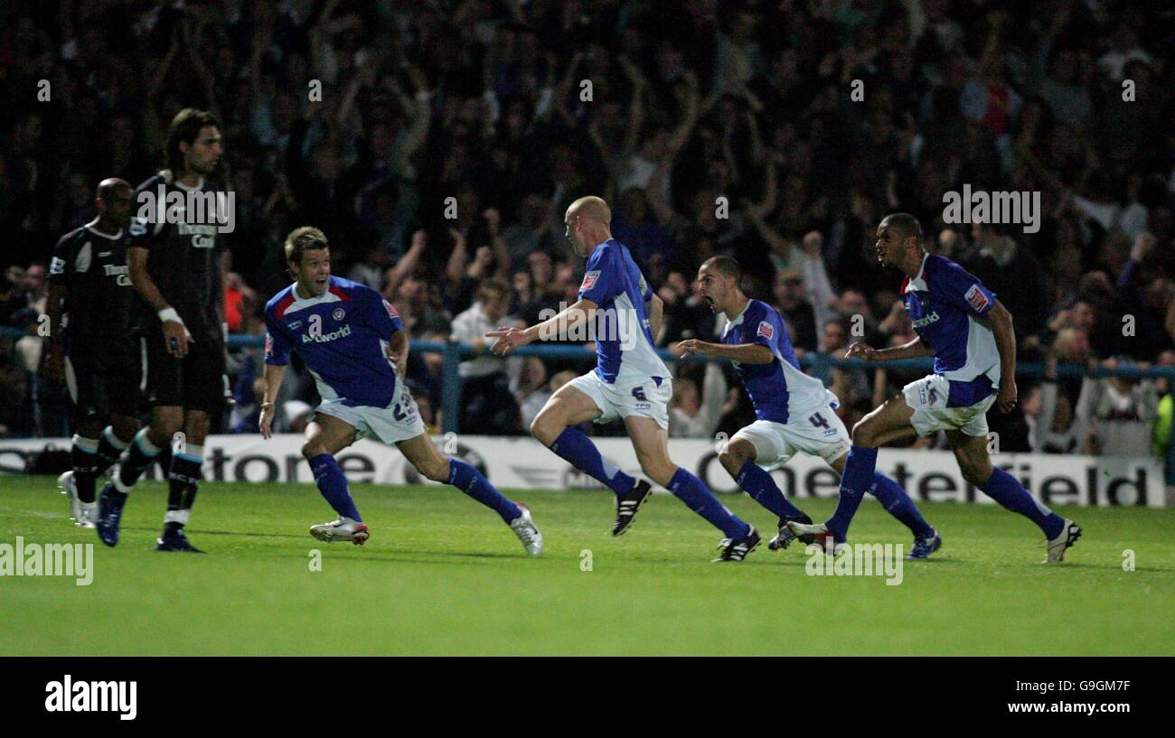 Chesterfield players celebrate the winner scored by Derek Niven(centre) Stock Photo