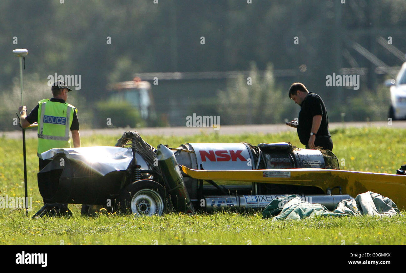 Police officers examine the car that Top Gear presenter Richard Hammond  crashed in, at Elvington airfield near York Stock Photo - Alamy