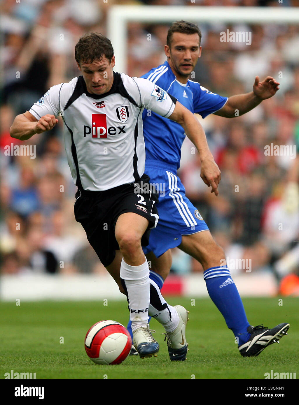 Soccer - FA Barclays Premiership - Fulham v Chelsea - Craven Cottage. Fulham's Moritz Volz and Chelsea's Andriy Shevchenko Stock Photo