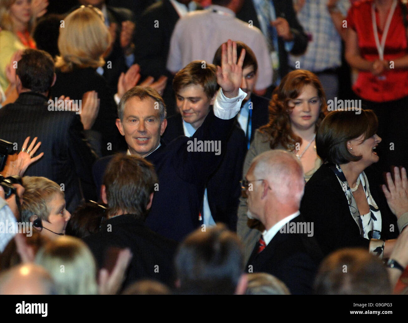Prime Minister Tony Blair with his wife Cherie and other family members including Euan, Kathryn and Nicky after his speech to the Labour Party conference in Manchester. Stock Photo