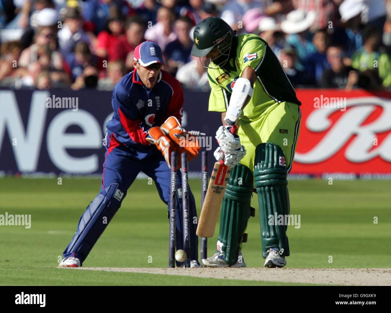 Pakistan's Mohammad Yousuf chops the ball onto his stumps against England during the 4th NatWest Series One-Day International at Trent Bridge, Nottingham. Stock Photo