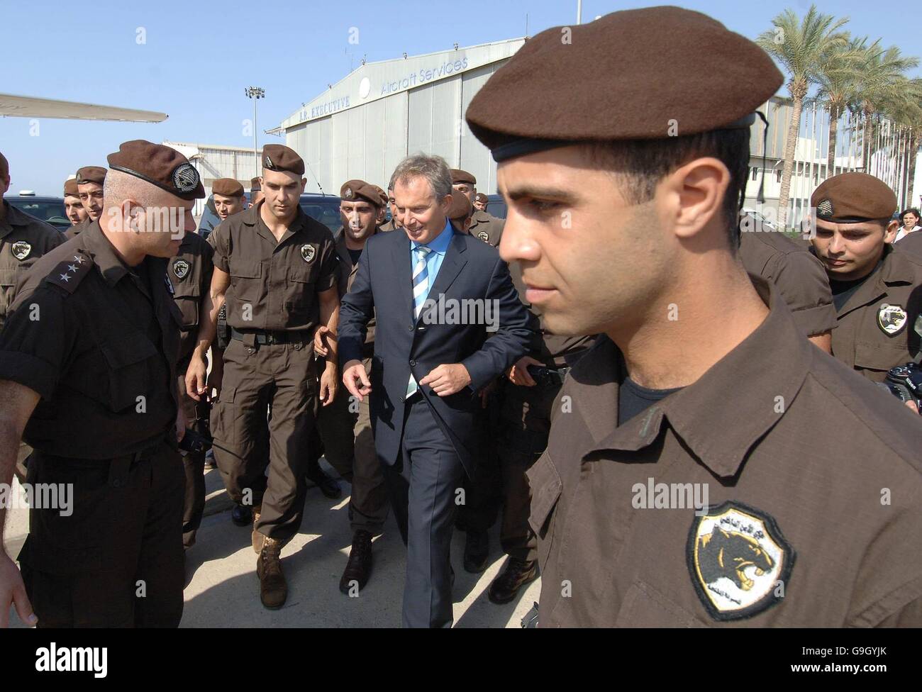British Prime Minister Tony Blair thanks the Lebanese soldiers who provided security for his trip to Beirut today. Stock Photo