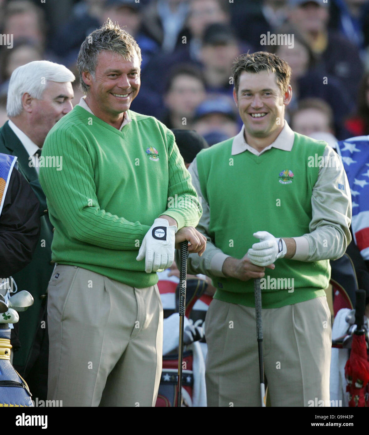 Europe's Darren Clarke and Lee Westwood on the first tee during Day One of the Ryder Cup at the K-Club, Co Kildare, Ireland. Picture date: Friday September 22, 2006. Match Three, Fourballs: USA's Phil Mickelson and Chris Di Marco v Europe's Darren Clarke and Lee Westwood. Photo Credit should read: David Davies/PA Stock Photo