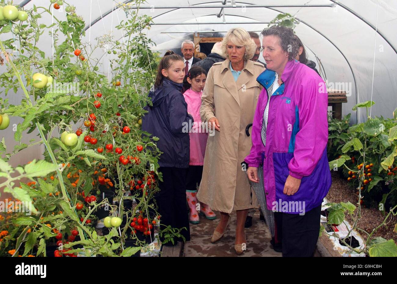 The Duchess of Cornwall (centre) during a visit to Brookhouse Urban Garden Scheme, a group of allotments in the middle of an urban housing estate in Crewe, Cheshire. Stock Photo