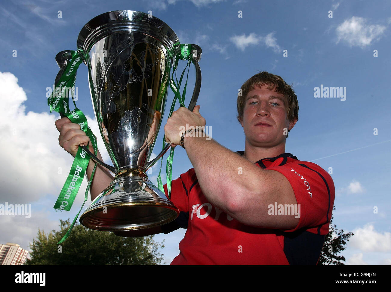 Munster's Jerry Flannery with the trophy during the Heineken Cup Launch at Twickenham, London. Stock Photo