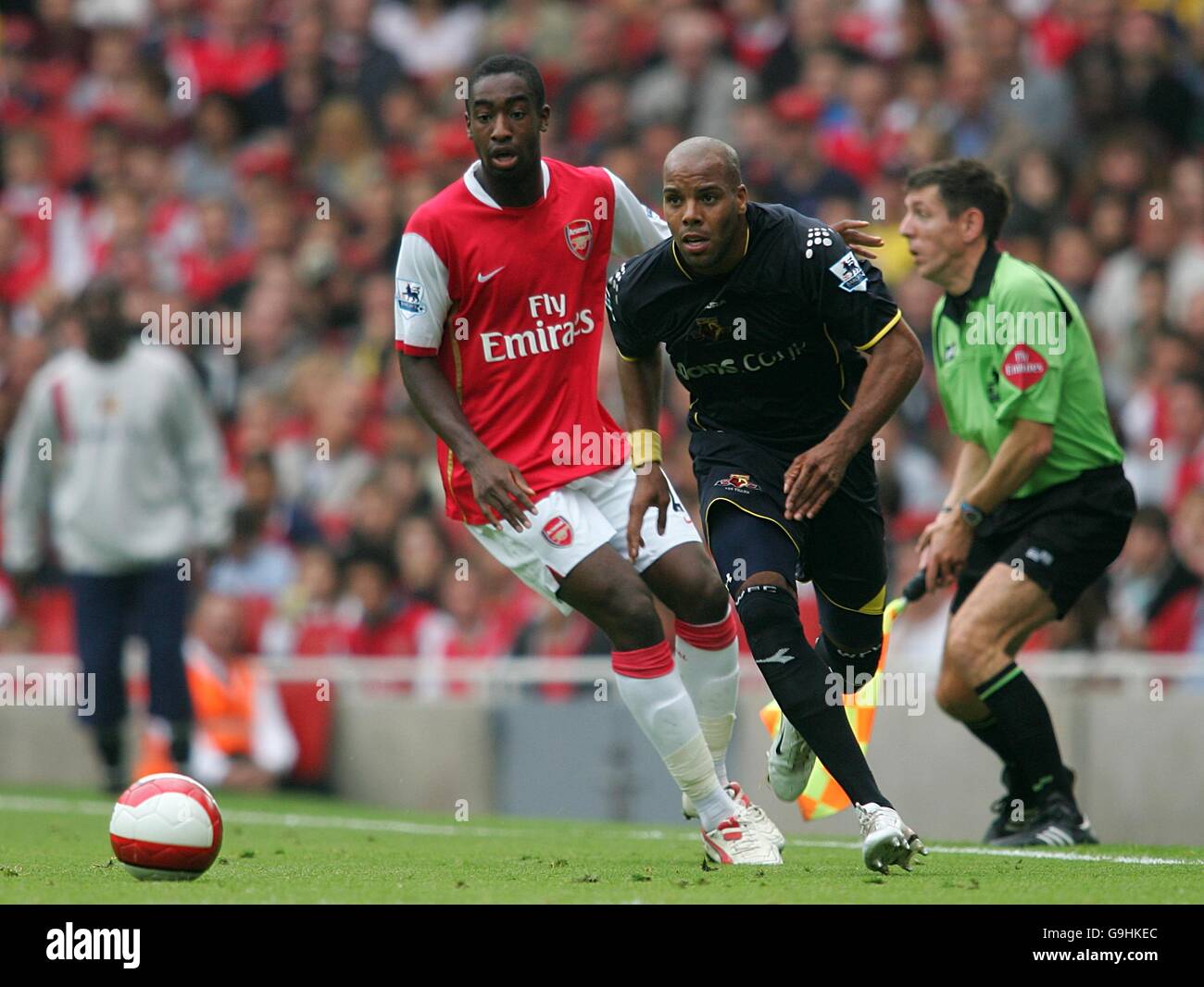 Soccer - FA Barclays Premiership - Arsenal v Watford - Emirates Stadium. Watford's Marlon King beats Arsenal's Johan Djourou Stock Photo