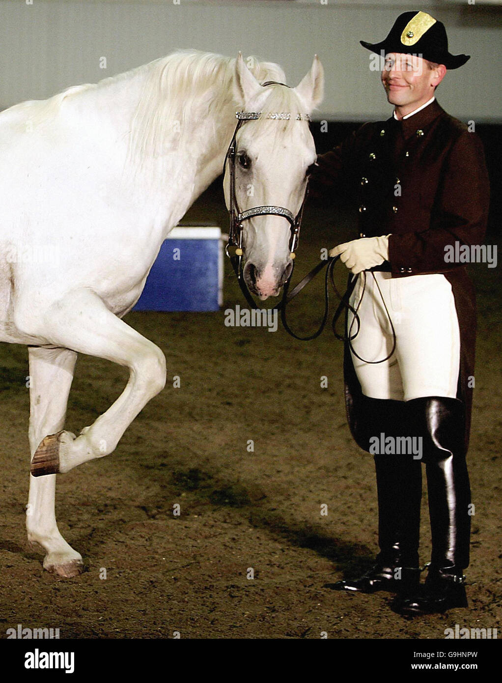 Hervig Radnetter and his horse Maestoso Cattinara during a photocall for the Spanish Riding School of Vienna, ahead their UK tour next month, at Knightsbridge Barracks, London. Stock Photo