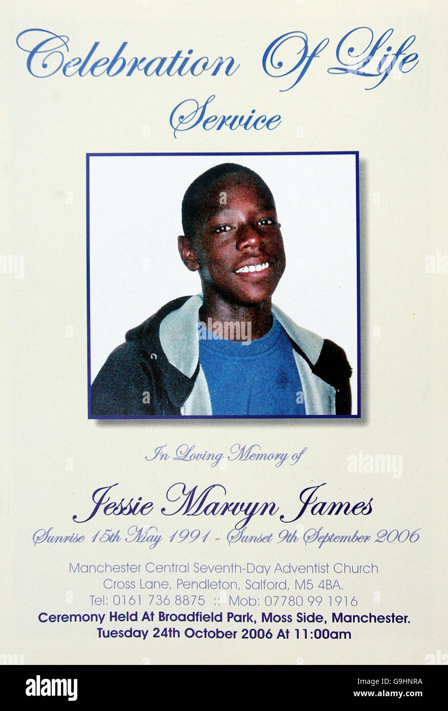 The order of service at the funeral of shot teenager Jessie James, which is being held in Moss Side, Manchester, today. Stock Photo