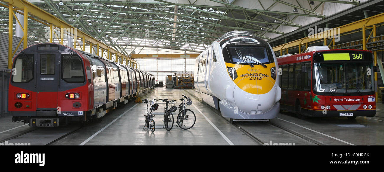 A tube train, bicycles, the new Javelin train and a bus in Stratford, east London, where transport plans for the 2012 Olympics were released today. Stock Photo