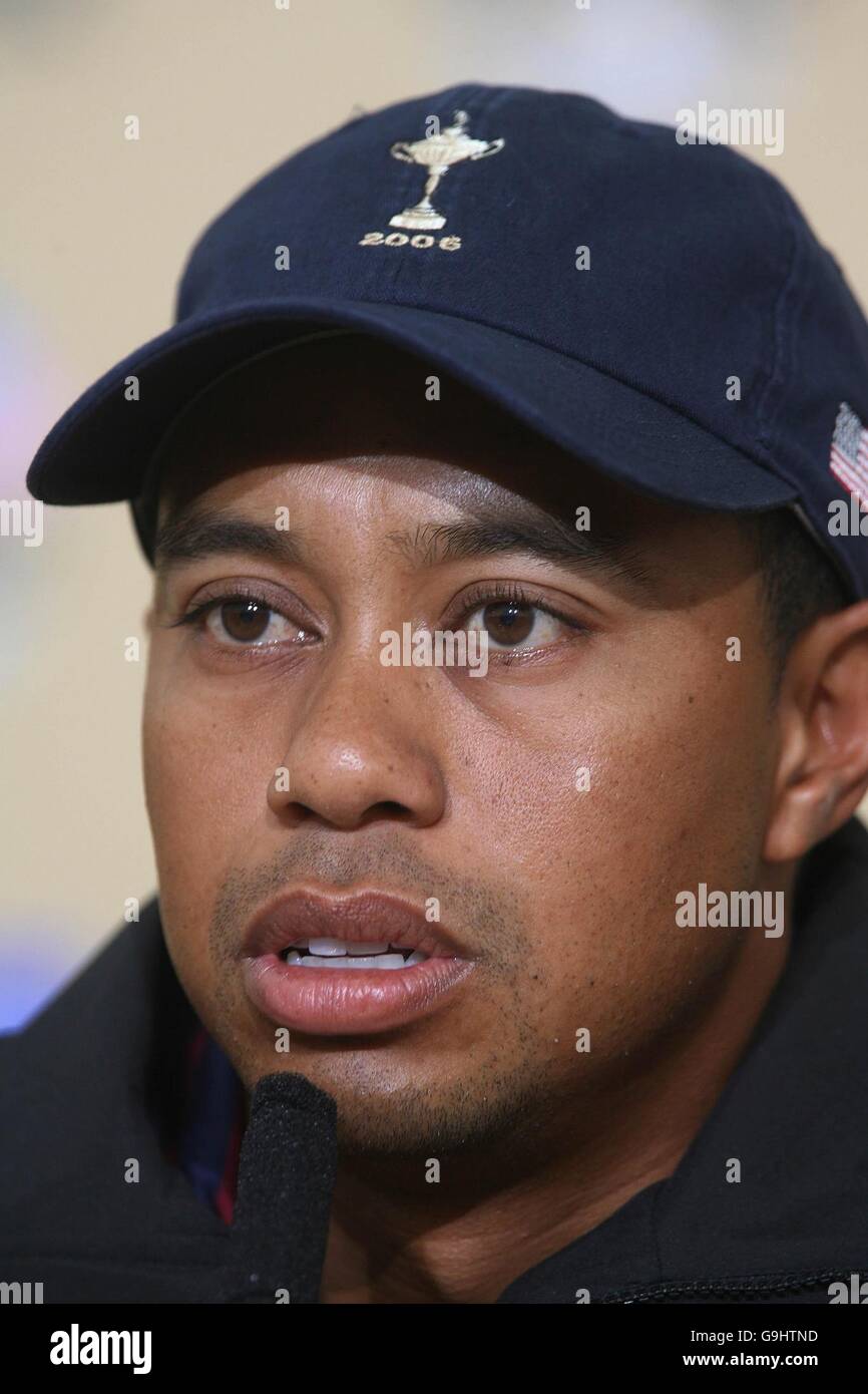 Tiger Woods speaking at a press conference, ahead of the Ryder Cup which starts on Thursday. Todays practice round has been left in doubt due to adverse weather conditions at the K Club PRESS ASSOCIATION Photo. Picture date: Wednesday September 20, 2006.PRESS ASSOCIATION Photo. Photo credit should read: Niall Carson/PA Stock Photo