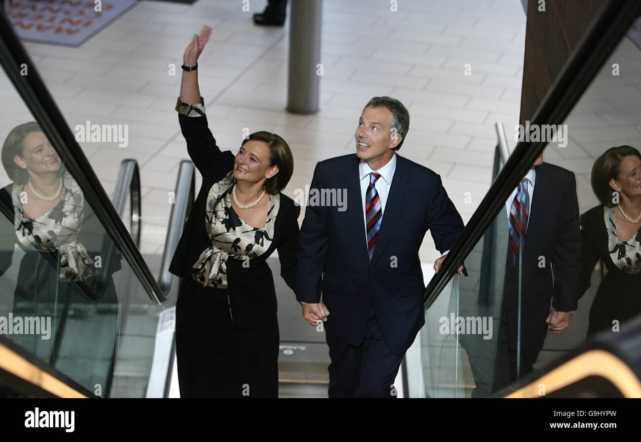 Prime Minister Tony Blair arrives at the G-MEX with his wife, Cherie, to make his speech to the Labour Party conference in Manchester. Stock Photo