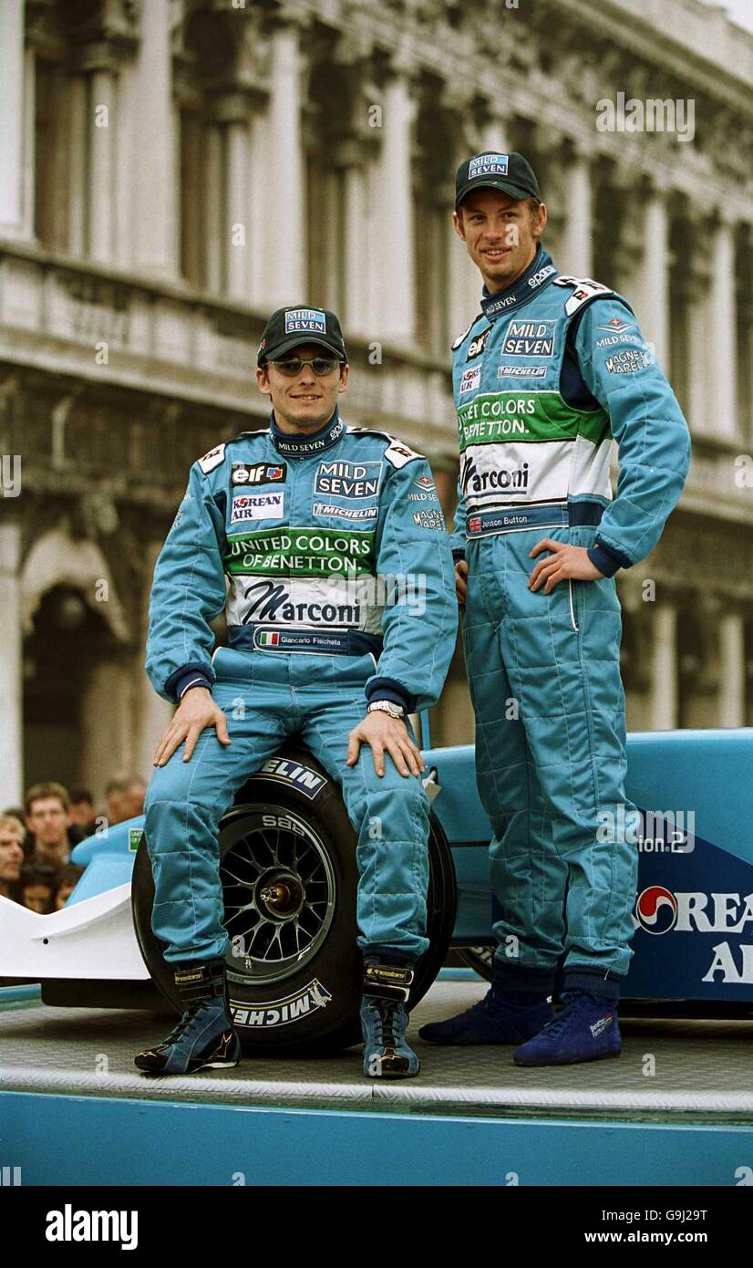 Motor Racing - Formula One - Mild Seven Benetton Renault Sport B201 car launch - Venice. Jenson Button and Giancarlo Fisichella at the launch of the Mild Seven Benetton Renault Sport B201 car in Piazza San Marco in Venice Stock Photo