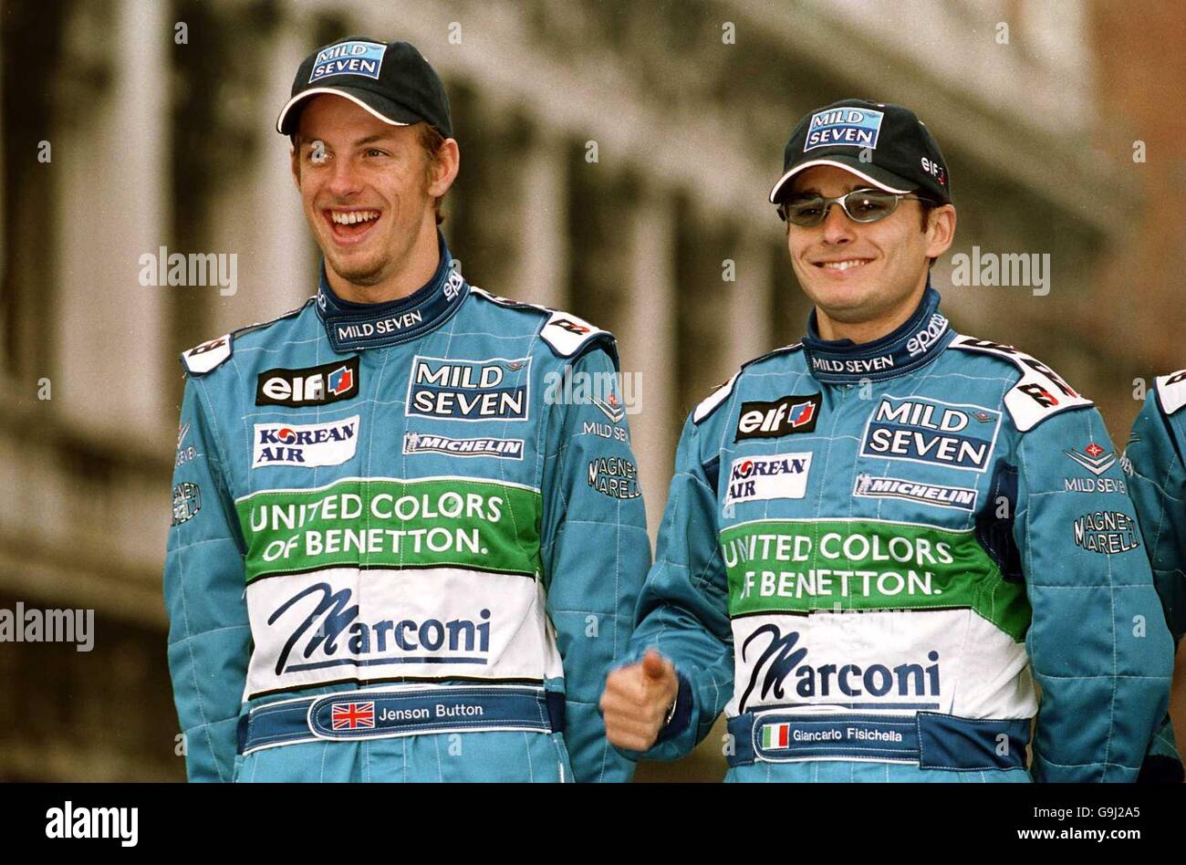 Motor Racing - Formula One - Mild Seven Benetton Renault Sport B201 car launch - Venice. Jenson Button and Giancarlo Fisichella at the launch of the Mild Seven Benetton Renault Sport B201 car in Venice Stock Photo