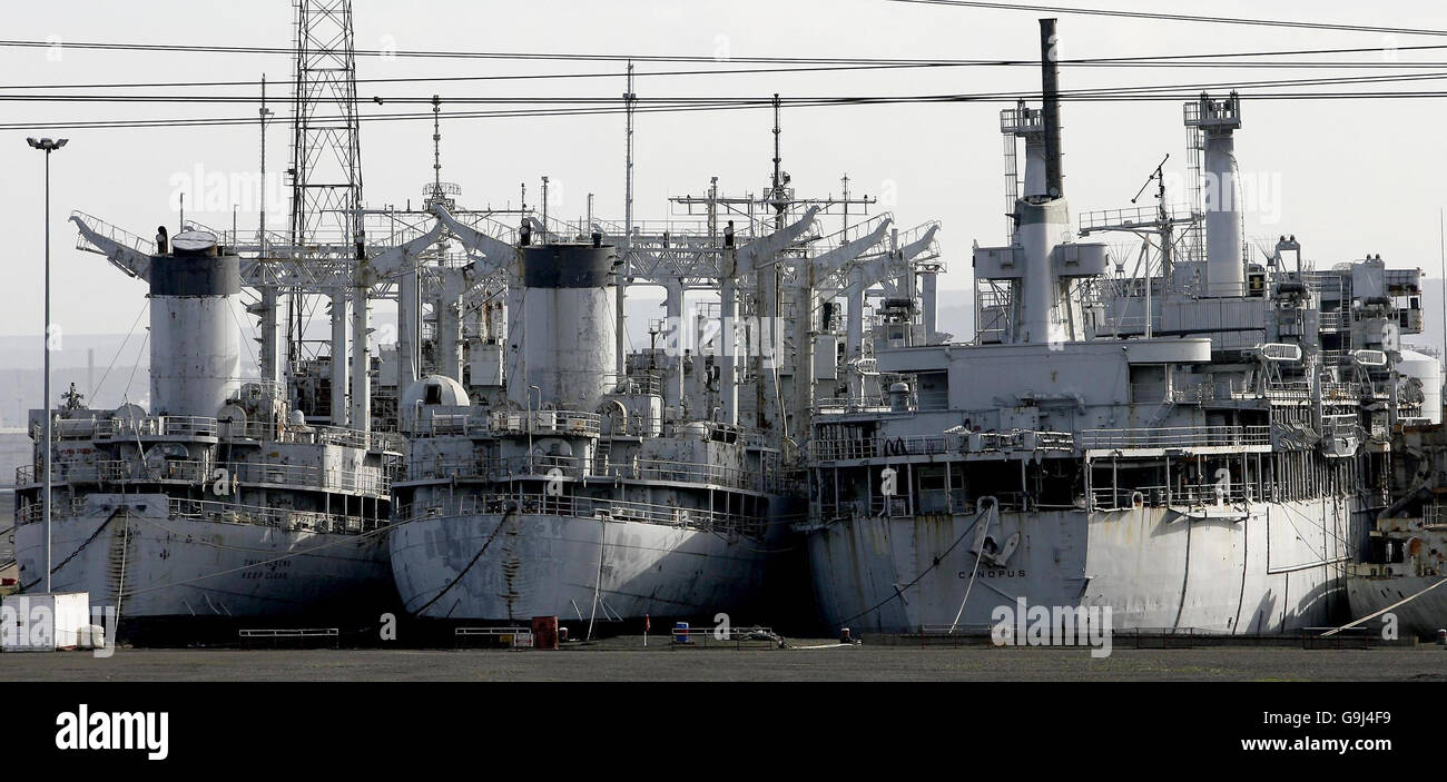 US Naval Reserve vessels sit in dry dock in Hartlepool, after council planners threw out an application to dismantle the so-called 'ghost ships'. Stock Photo