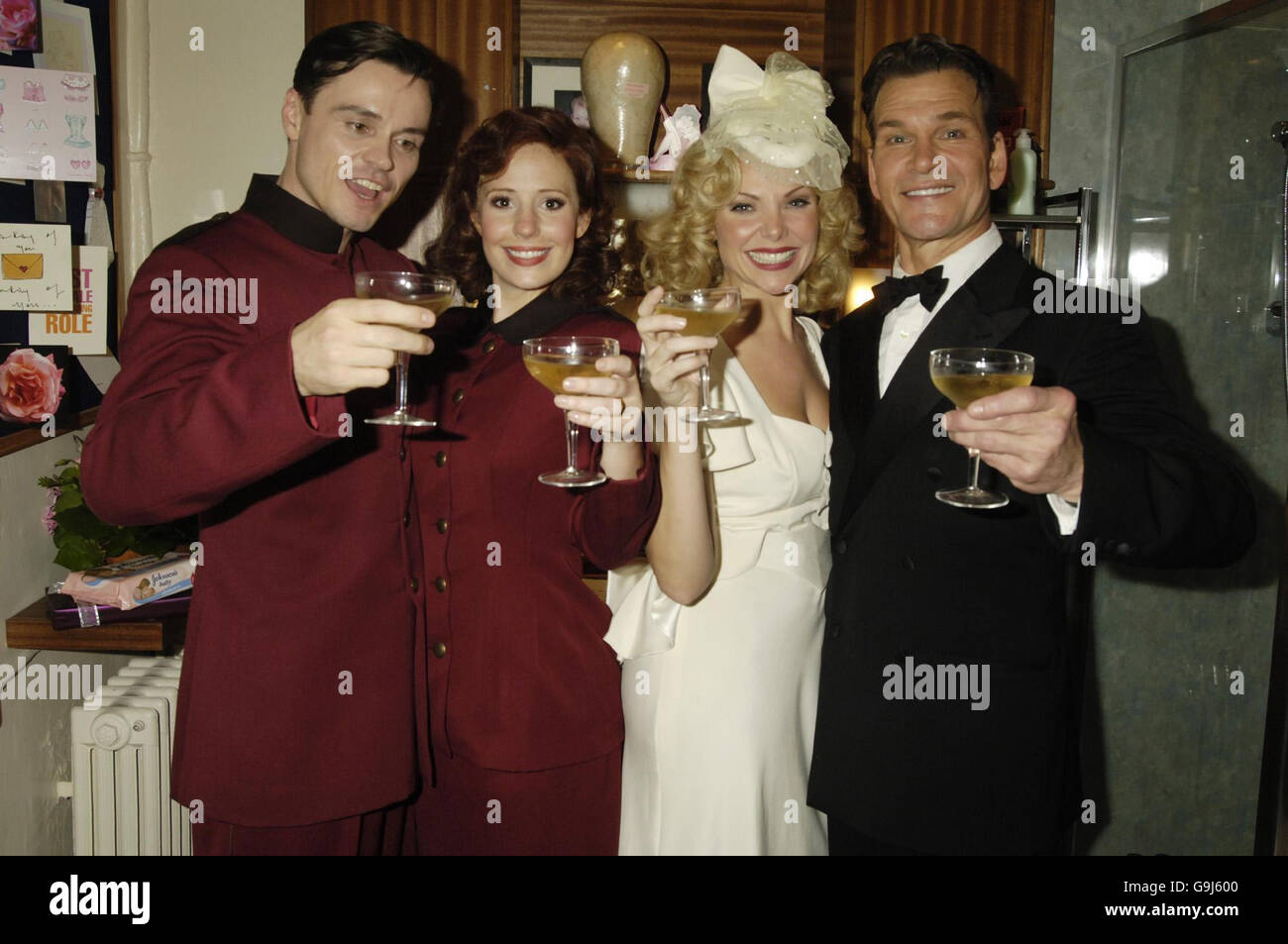 New additions to the cast of Guys and Dolls, from left: Norman Dowman, Amy Nuttall and Samantha Janus pose with lead actor Patrick Swayze after their first night's performance at the Piccadilly Theatre, central London. Stock Photo