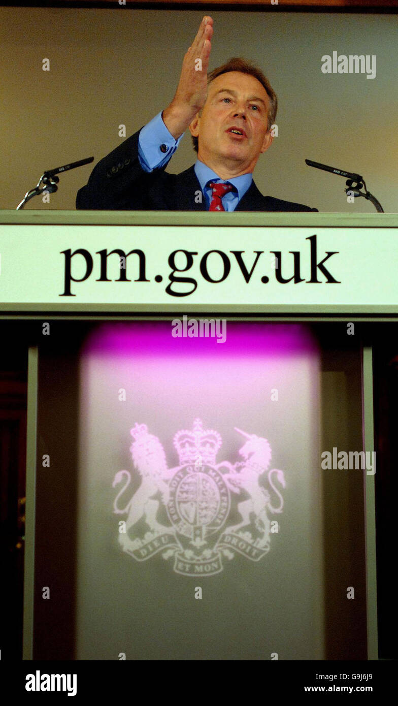 Prime Minister Tony Blair makes a point as he gives his monthly press