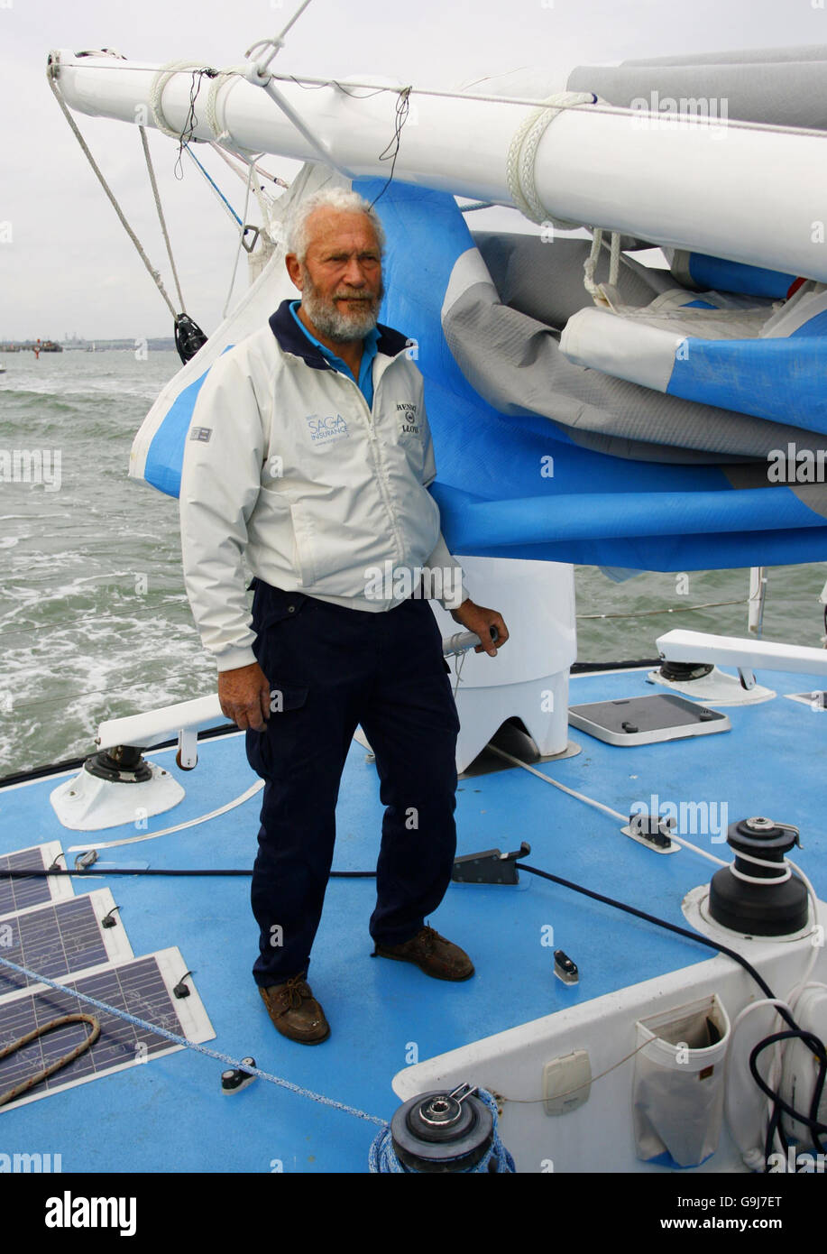 Veteran yachtsman Sir Robin KnoxJohnston at the helm of his 60 foot